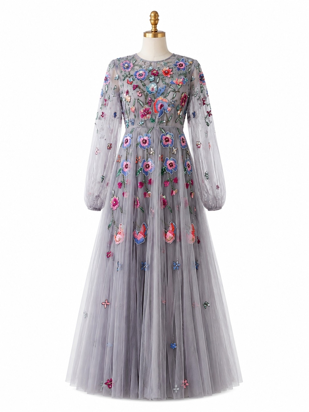 Embroidered Floral Long Sleeve Tulle Dress